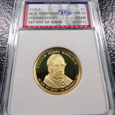 2009-S IGS PR70 DCAM W. H. HARRISON FIRST DAY ISSUE 9TH PRESIDENT PROOF DOLLAR