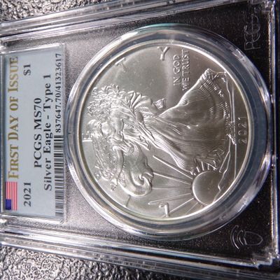2021 PCGS MS70 TYPE 1 FIRST DAY ISSUE AMERICAN SILVER EAGLE DOLLAR