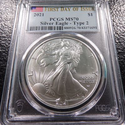2021 PCGS MS70 TYPE 2 FIRST DAY ISSUE AMERICAN SILVER EAGLE DOLLAR