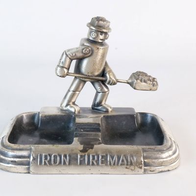 Vintage Rehburger Iron Fireman Advertising Metal Double Well Ashtray