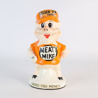 Vintage Golden Sun Feeds Meaty Mike Promotional Advertising Piggy Bank