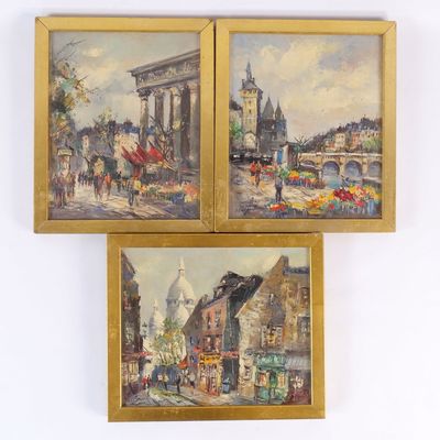 Set of 3 Vintage Oil on Canvas Mid Century Parisian Street Scenes