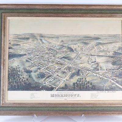 Hand Tinted 1876 Morristown NJ Birds Eye View Map - Framed