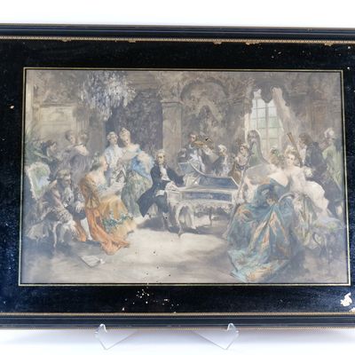 Vintage Textured Oleograph Lithograph - A Recital with Handel