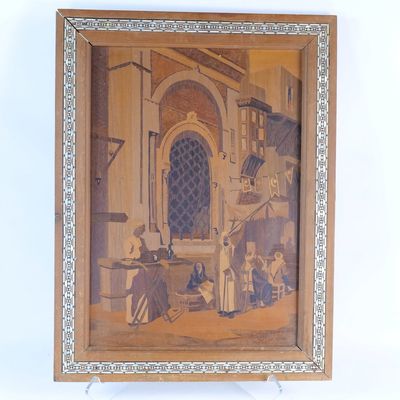 Inlaid Wood Panel - Market Scene