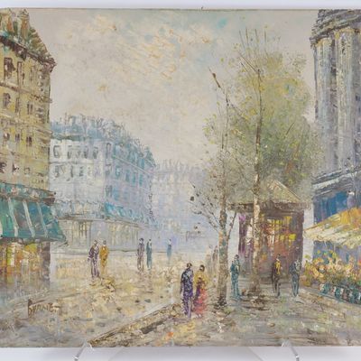 Textured Oil on Canvas - Mid Century Parisian Street Scene