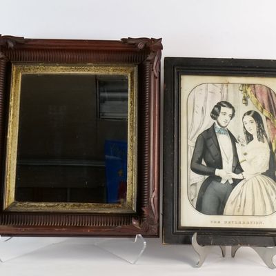 Antique Pair: 19th Century Currier Lithograph and Ornate Gilt-Lined Tramp Art Mirror