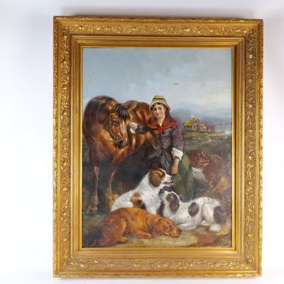 Oversized Oil on canvas - Woman with Horse and Hunting Dogs