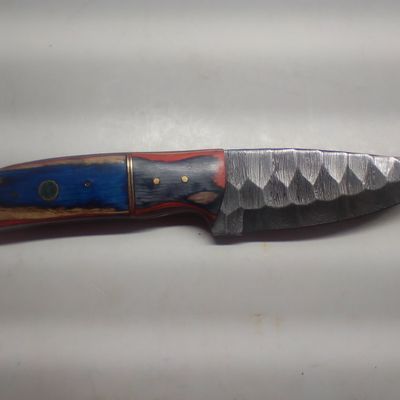 Custom Fixed Blade Damascus Steel Hunting Knife with Stamped Leather Sheath