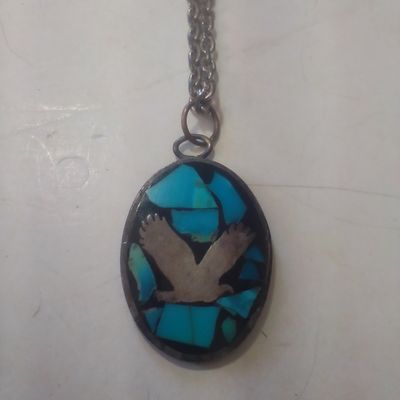 Vintage Mosaic Turquoise Chip Inlay Eagle Pendant Necklace