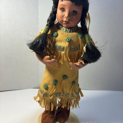 Native American Style Bisque Porcelain Collector Doll in Fringed Yellow Dress