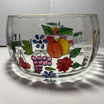 Hand Painted Optic Ribbed Glass Fruit Bowl with Gilded Rim