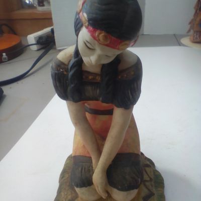 Vintage Bisque Ceramic Figurine of a Kneeling Indigenous American Woman