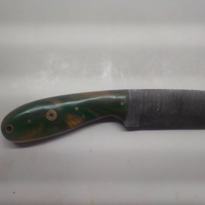 Damascus Steel Modified Cleaver Fixed Blade Knife with Green Resin Handle and Sheath