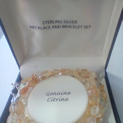 Sterling Silver Necklace and Bracelet Set with Polished Citrine Beads