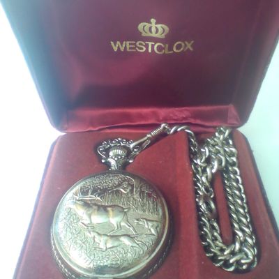 Westclox Hunting Scene Hunter Case Pocket Watch and Chain