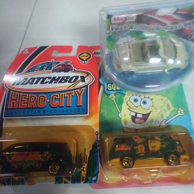 Three Unopened Die-Cast Vehicles including Matchbox SpongeBob SquarePants Van and Maisto Volkswagen Beetle