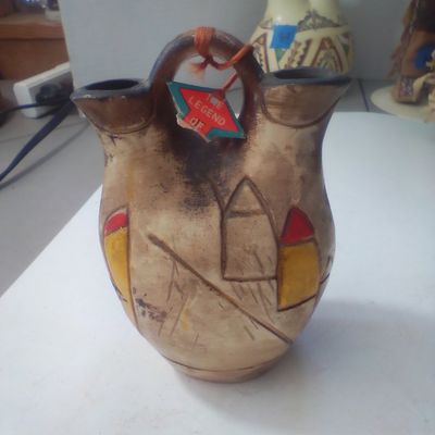 Native American Style Polychrome Ceramic Wedding Vase with Legend Tag