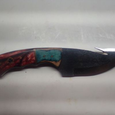 Custom Fixed Blade Hunting Knife with Gut Hook and Leather Sheath