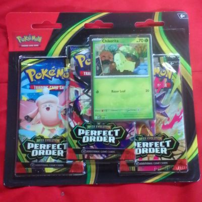 Pokemon Trading Card Game Mega Evolution Perfect Order Three Pack Blister with Chikorita Promo Card
