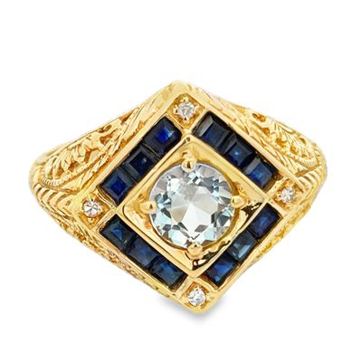 14K Aquamarine, Sapphire & Diamond Ring