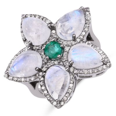 925 Rainbow Moonstone, Emerald and Diamond Ring