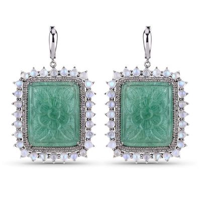 89.04 CT Rainbow Moonstone, Jade and Diamond Earrings 925