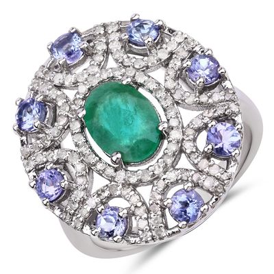 925 Emerald, Tanzanite & Diamond Ring