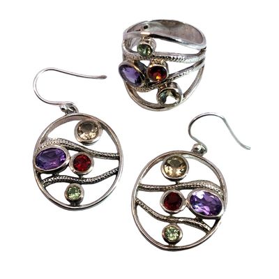 Multi Color Gemstone Ring and Earring Set