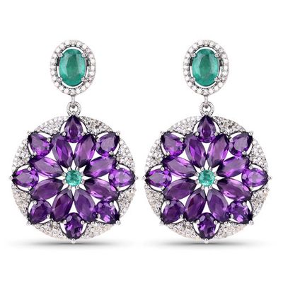 17.71 CT Amethyst, Emerald, and Diamond Earrings 925