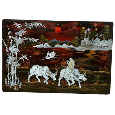 Vintage Vietnamese Mother of Pearl Lacquer Wall Art Village Buffalo River Scene 24 X16"