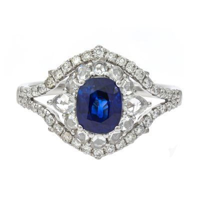 Natural Blue Sapphire and Rose Cut Diamond Ring