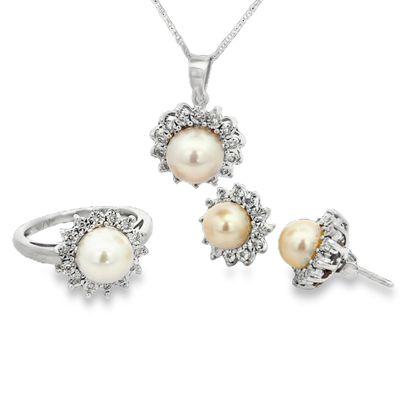 Pearl & Natural Diamond Ring Necklace Earrings Set