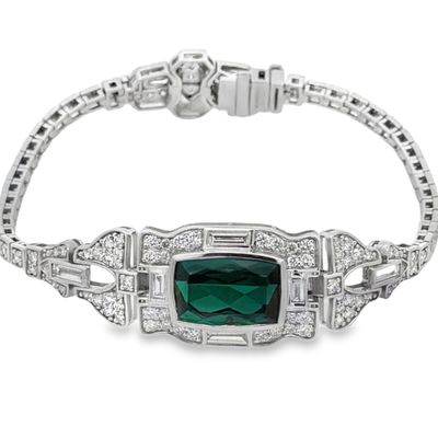 Fine Art Deco Style Natural Indicolite Tourmaline and Diamond Bracelet by Oscar Friedman