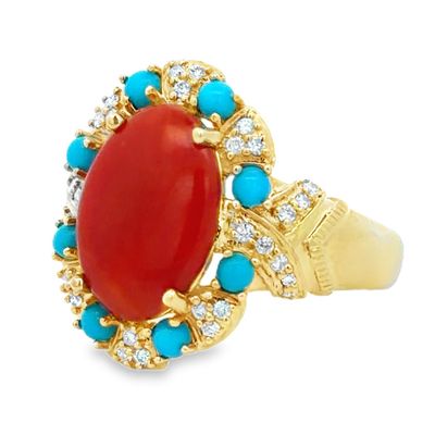 Coral, Turquoise and Diamond Ring