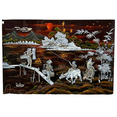 Vintage Vietnamese Mother of Pearl Lacquer Wall Art Fishing Village Scene 24 X16"