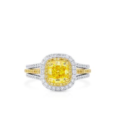GIA Certified Fancy Yellow Cushion Diamond Double Halo Ring