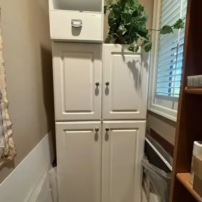 Tall white four-door storage cabinet and an artificial potted plant.