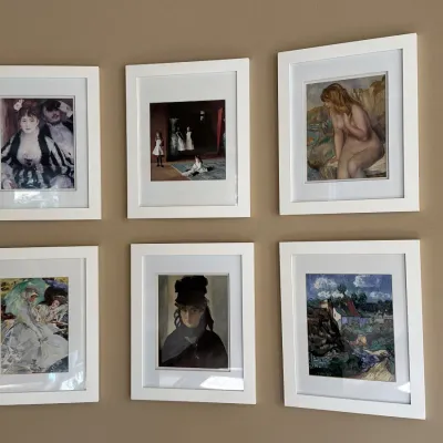 Set of six matted impressionist art prints framed in modern, white square frames