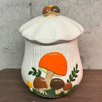 Vtg Ceramic Mushroom Cookie Jar - Large Mushroom Canister - 70s Mushroom Decor - Retro Kitchen Decor