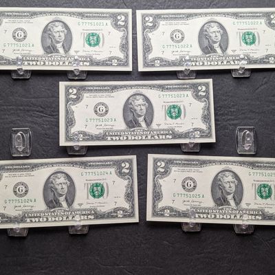 (5) 2017 A Series $2 Bills W/ Consecutive Serial Numbers - LUCKY SEVENS
