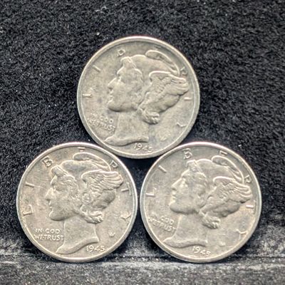 1945 P, D, & S Mercury 90% Silver Dimes - Complete Year Set!