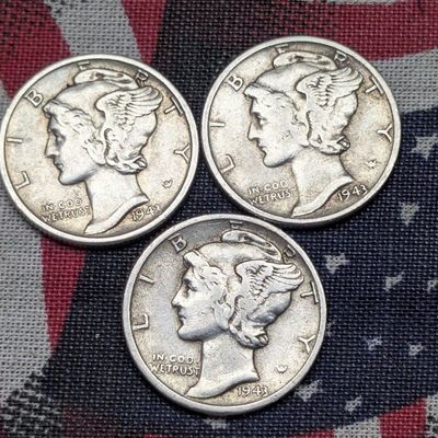 1943 P, D, & S Mercury 90% Silver Dimes (WWII ERA) 83 Years old