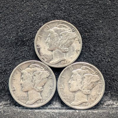 1942 P, D, & S Mercury 90% Silver Dimes - Complete Year Set!