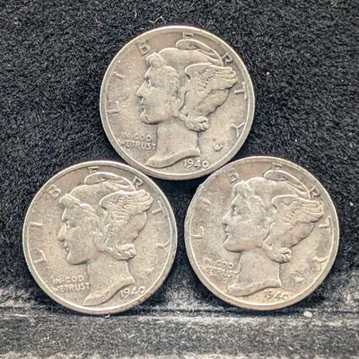1940 P, D, & S Mercury 90% Silver Dimes - Complete Year Set!