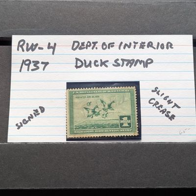 1937 Dept. Of The Interior Duck Stamp, RW-4, Signed, Slight Crease