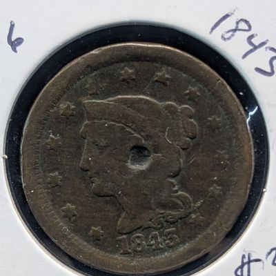 1843 Braided Hair Liberty Head Large Cent - 183 Years Old! Partial Hole