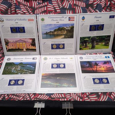 (6) 2009 P&D Uncirculated DC & Territories Quarter Sets with Stamps in Binder Display Sheets