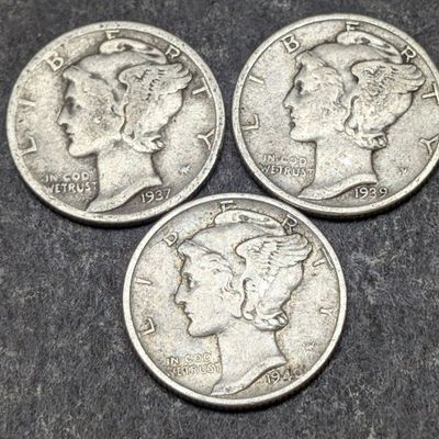 1937, 1939, & 1940 Mercury 90% Silver Dimes
