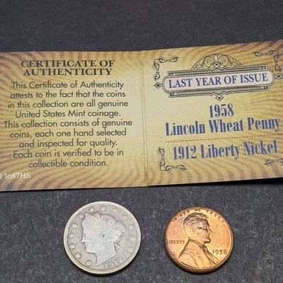 1912 Liberty Head V Nickel and 1958 Lincoln Wheat Cent In Last Year of Issue Set